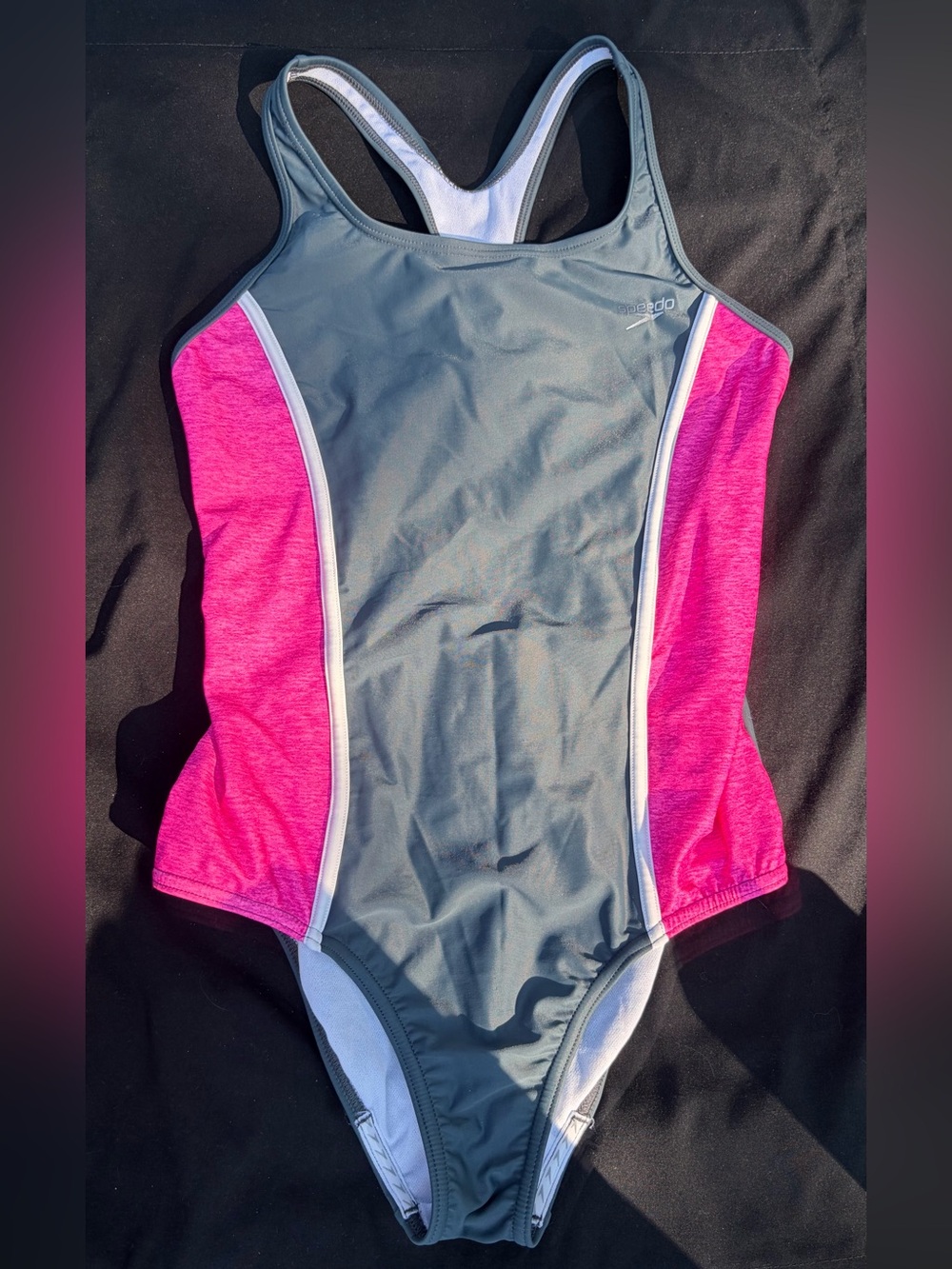 Speedo Grey and Pink Racerback Girls' One-Piece Swimsuit - size 16